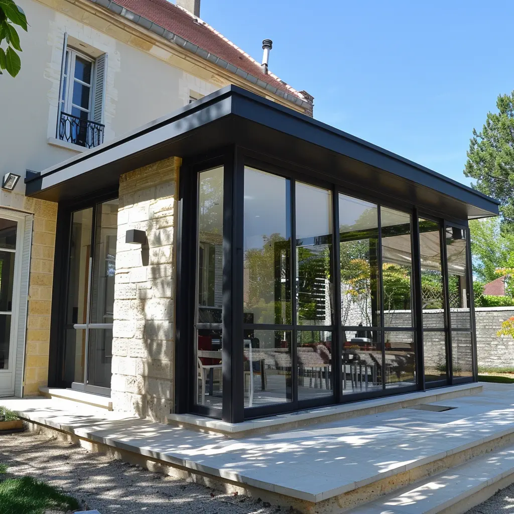 Une véranda vitrée pour l'extention d'une maison.