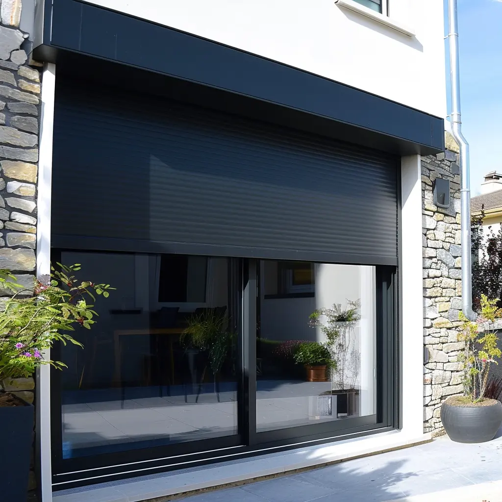 Un volet roulant électrique noir pour une porte fenêtre.